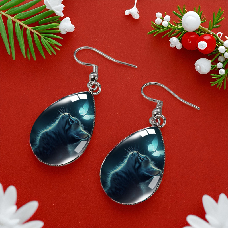 Kitten & Butterfly Illustration Waterdrop Earrings, Gift